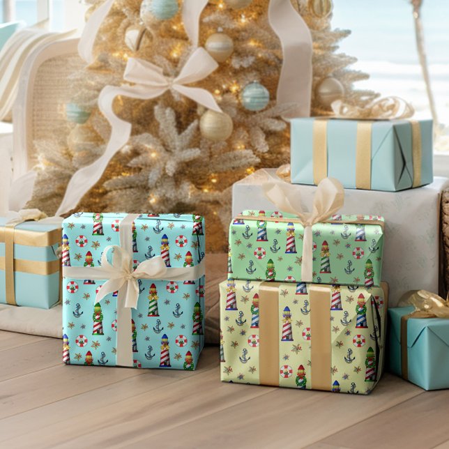 Feuille De Papier Cadeau Les phares de Noël Nautique (Créateur téléchargé)