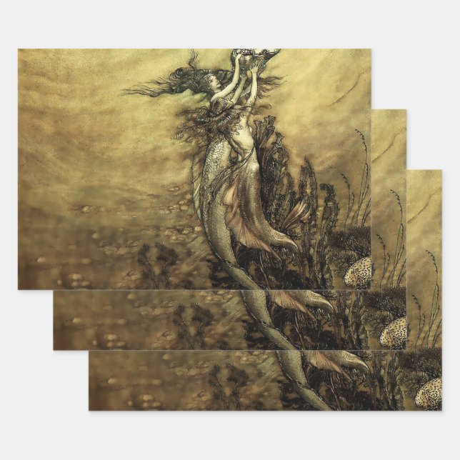 Feuille De Papier Cadeau "Les sirènes du Rhin" par Arthur Rackham (Lot)
