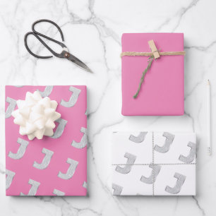 FEUILLE DE PAPIER CADEAU LETTRE ARGENT ROSE J
