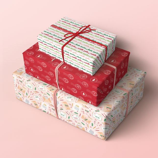 Feuille De Papier Cadeau Lettres adorables à Père Noël Motifs de Noël (Set of 3 Letters to Santa Christmas Patterns in Red, Pastel Pink and Green)