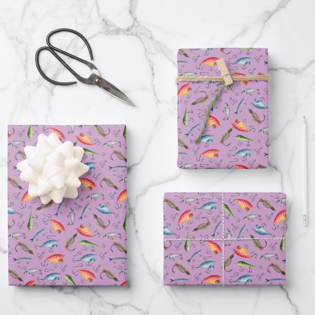 Feuille De Papier Cadeau leurres de pêche sur le pourpre (Recto)