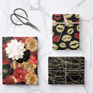 Feuille De Papier Cadeau Lèvres Florales Noires Dorées Fête Mariage 