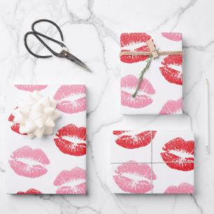 Feuille De Papier Cadeau Lèvres rouges et roses, motif de lèvres, rouge à l