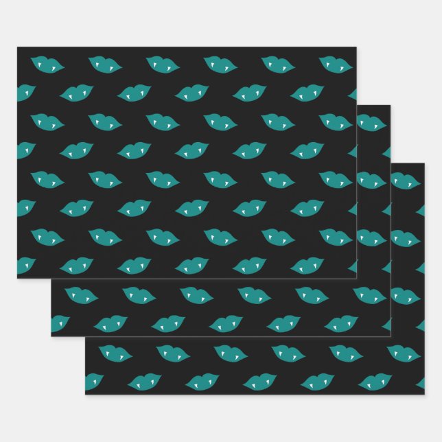 Feuille De Papier Cadeau Lèvres Turquoises de vampire et dents en noir (Lot)