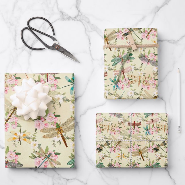 Feuille De Papier Cadeau Libellules Florales (Recto)