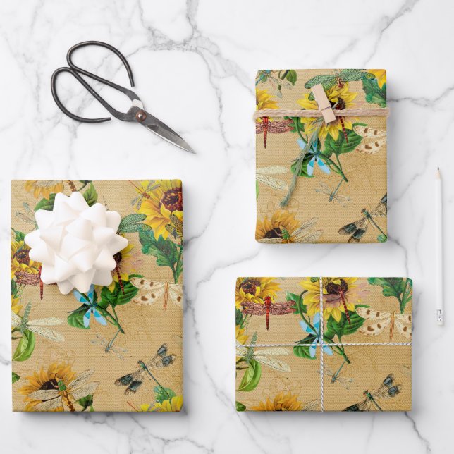 Feuille De Papier Cadeau Libellules Tournesols Fête d'anniversaire Baby Sho (Recto)