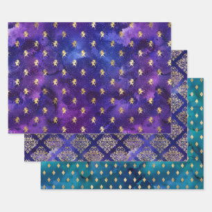Feuille De Papier Cadeau Licorne dorée et motifs diamants à l'aquarelle
