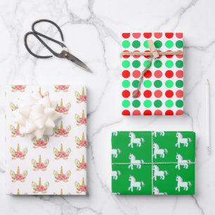 Feuille De Papier Cadeau Licorne mignonne et pois sur fond vert et blanc