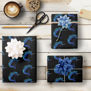 Feuille De Papier Cadeau Licorne noire élégante Fantaisie Magique Bleu Arge