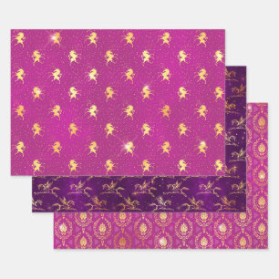 Feuille De Papier Cadeau Licorne rose et violette et ornement doré