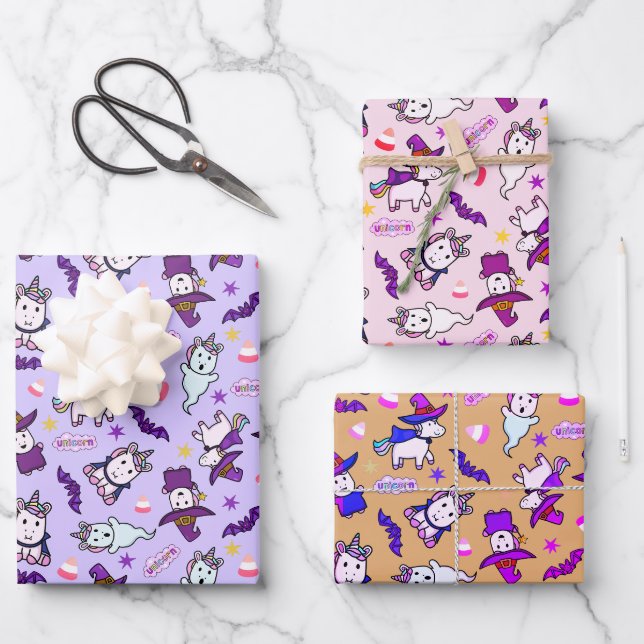 Feuille De Papier Cadeau Licornes d'Halloween (Recto)