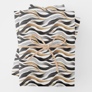 Feuille De Papier Cadeau Lignes abstraites noires / dorées / blanches