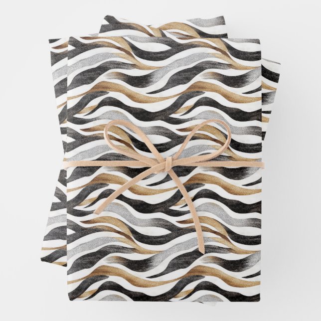 Feuille De Papier Cadeau Lignes abstraites noires / dorées / blanches (En situation)