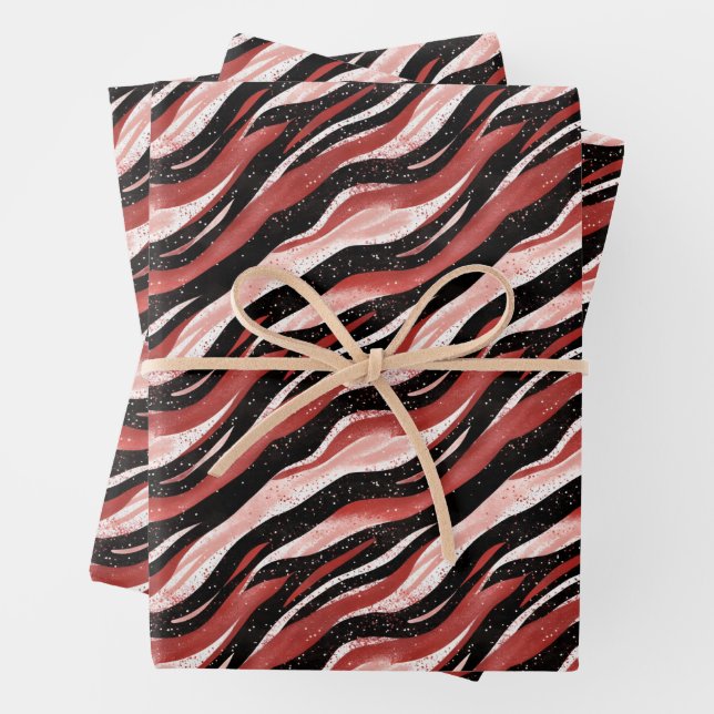 Feuille De Papier Cadeau Lignes abstraites rouges / noires / blanches (En situation)