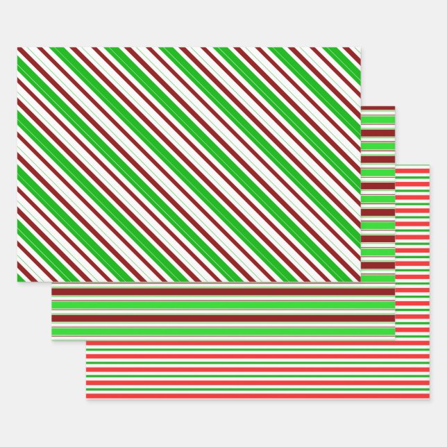 Feuille De Papier Cadeau Lignes de Noël de couleur verte, blanche, rouge (Lot)