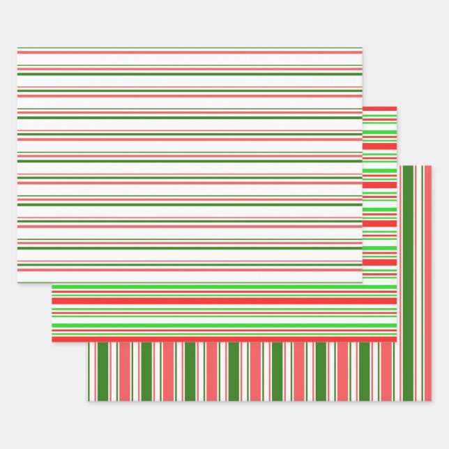 Feuille De Papier Cadeau Lignes de Noël de couleur verte, blanche, rouge (Lot)