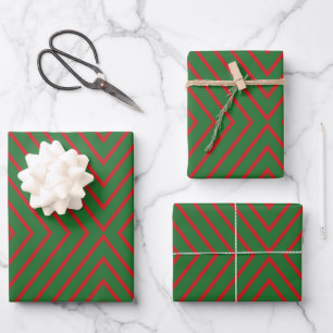 Feuille De Papier Cadeau Lignes diagonales vertes et rouges