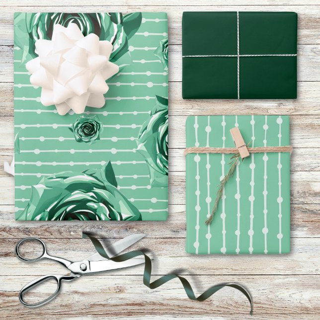 Feuille De Papier Cadeau Lignes et points de Rose turquoise vert Aquarelle (Créateur téléchargé)