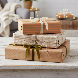 Feuille De Papier Cadeau Lignes orange d'été sur kraft brun rustique faux