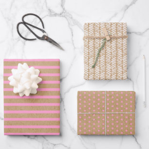 Feuille De Papier Cadeau Lignes roses estivales légères sur kraft brun rust