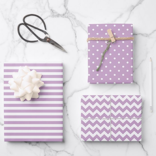 Feuille De Papier Cadeau Lilac & Blancs Polka Dot Chevron Motif (Recto)