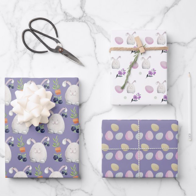 Feuille De Papier Cadeau Lilac Bunny coloré Motif d'aquarelle (Recto)