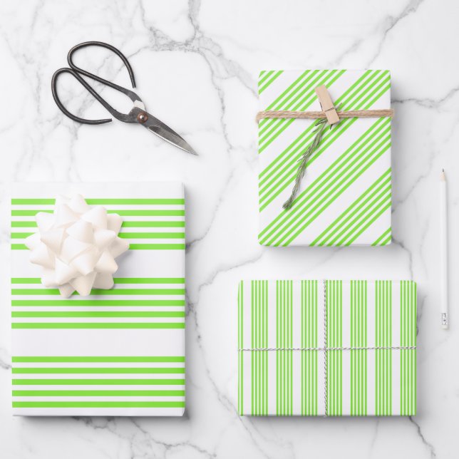 Feuille De Papier Cadeau Lime vert et blanc cinq bandes motif (Recto)