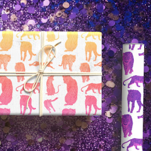 Feuille De Papier Cadeau Lions & Tigers Line Art, Hot Pink, Purple, Rainbow
