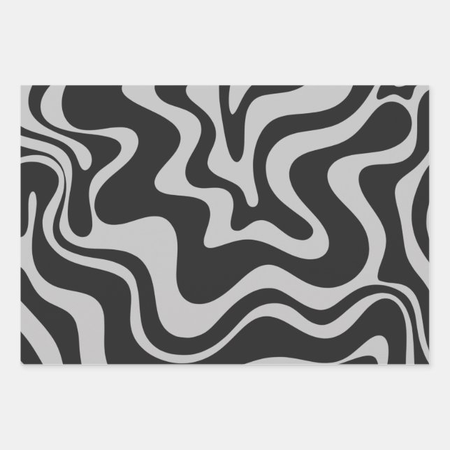Feuille De Papier Cadeau Liquid Swirl Retro Abstrait Motif noir et gris (Devant)
