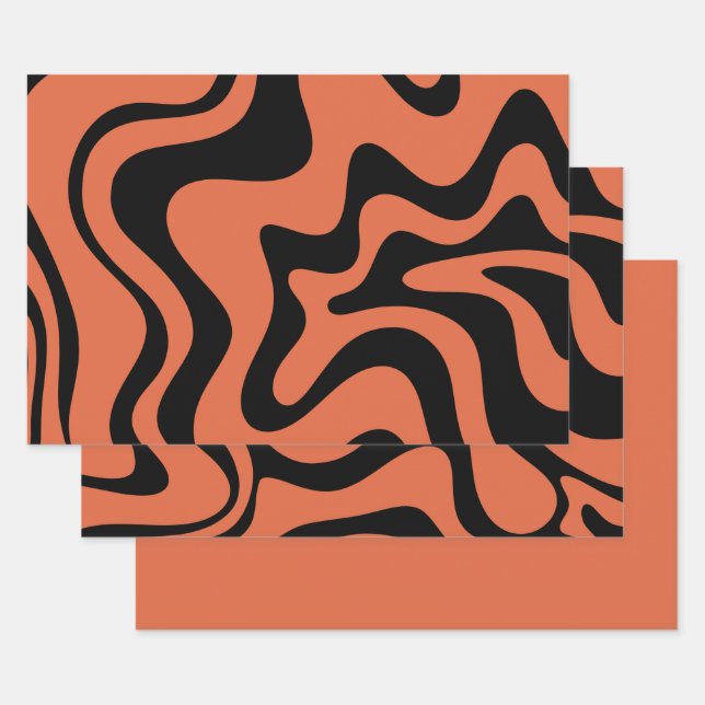 Feuille De Papier Cadeau Liquide Swirl Retro Motif Abstrait Black Orange (Lot)