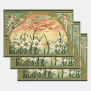 Feuille De Papier Cadeau Lis de Pâques vintage au lever du soleil et anges 