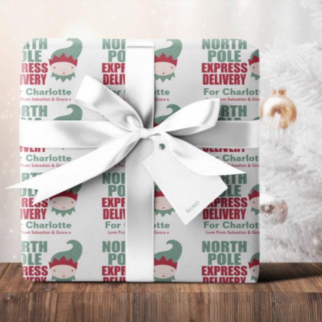 Feuille De Papier Cadeau Livraison d'Express de Noël personnalisés au pôle  (North Pole Personalized Christmas Express Delivery Wrapping Paper Sheets from Ricaso. Add your text)