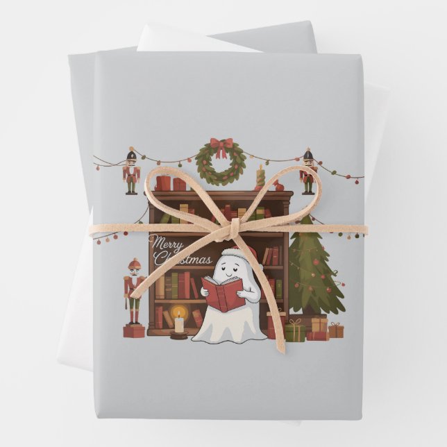 Feuille De Papier Cadeau Livre de lecture de fantôme mignon Lecture de Noël (En situation)