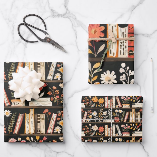 Feuille De Papier Cadeau Livres et fleurs  (Recto)