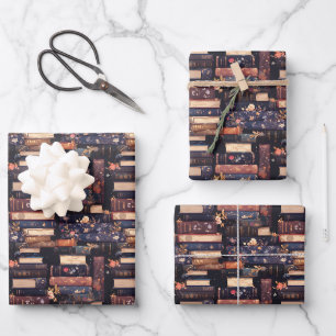 Feuille De Papier Cadeau Livres & Fleurs sur Fond Noir