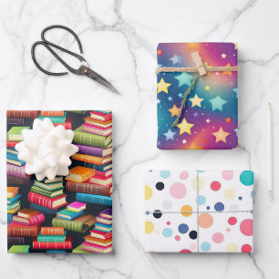 Feuille De Papier Cadeau Livres Galaxy Stars Colorful Polka Dot School Thèm