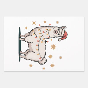 Feuille De Papier Cadeau Llama Alpaga Avec Chapeau De Père Noël Et Lumière 