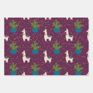 Feuille De Papier Cadeau Llama, Catcus et étoiles du violet