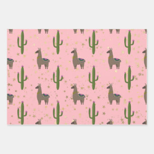 Feuille De Papier Cadeau Llamas, cactus et étoiles en rose