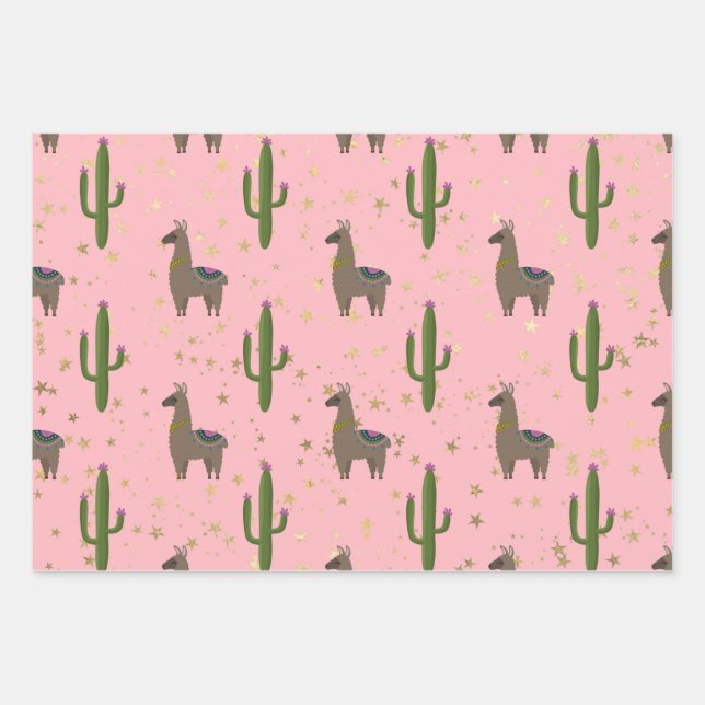 Feuille De Papier Cadeau Llamas, cactus et étoiles en rose (Devant)