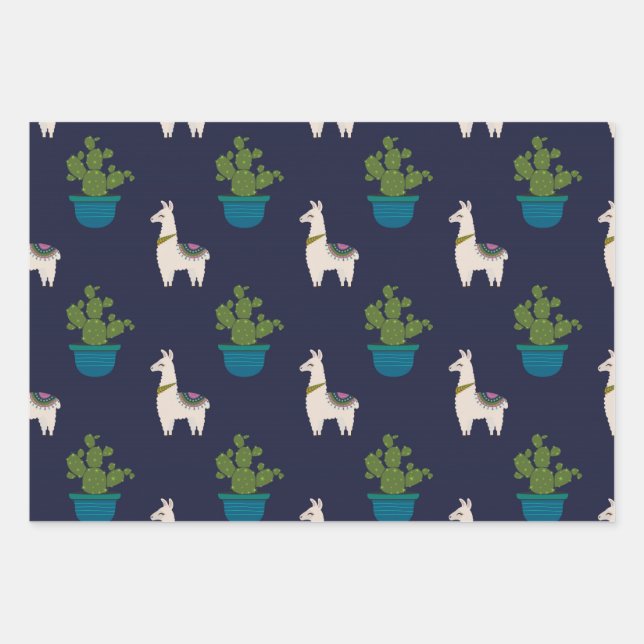 Feuille De Papier Cadeau Llamas et Cactus (Devant)