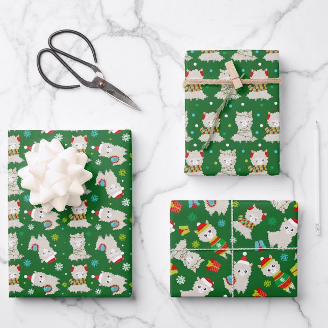 Feuille De Papier Cadeau Llamas Festive de Noël sur vert (Recto)