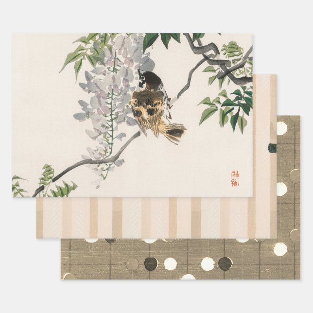 FEUILLE DE PAPIER CADEAU L'OISEAU JAPONAIS SUR LA FEUILLE CADEAU DE BRANCHE (Lot)
