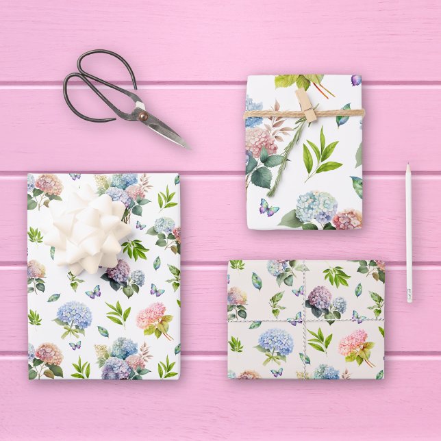 Feuille De Papier Cadeau Lot de 3 Hydrangea Floral Bleu et Rose (Créateur téléchargé)