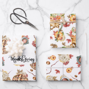 Feuille De Papier Cadeau Lot de trois motifs mignons de Thanksgiving en aqu