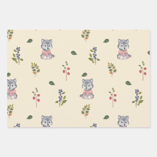 Feuille De Papier Cadeau Loup adorable et Motif de baies forestières (Devant)