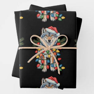 Feuille De Papier Cadeau Loup de Noël Chapeau de Père Noël Lumières de Noël