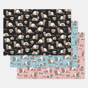 Feuille De Papier Cadeau Love Ferrets - Bleu Noir Rose