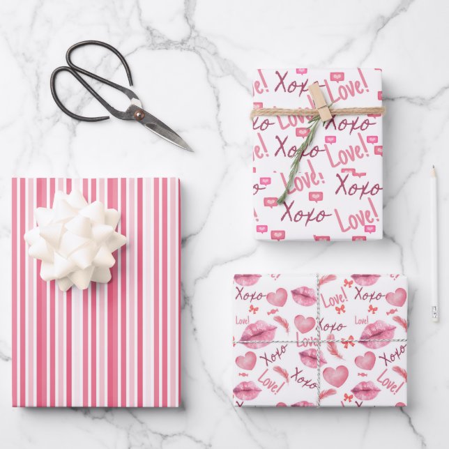 Feuille De Papier Cadeau Love Xoxo Heart, lips and stripes pink white (Recto)