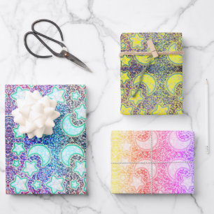 Feuille De Papier Cadeau Lune arc-en-ciel avec Galaxie Étoiles brillantes